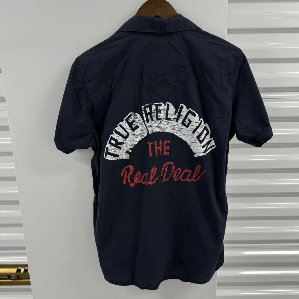 True Religion Mens Medium Navy Western Pearl Snap Shirt Made USA Y2K Graphic